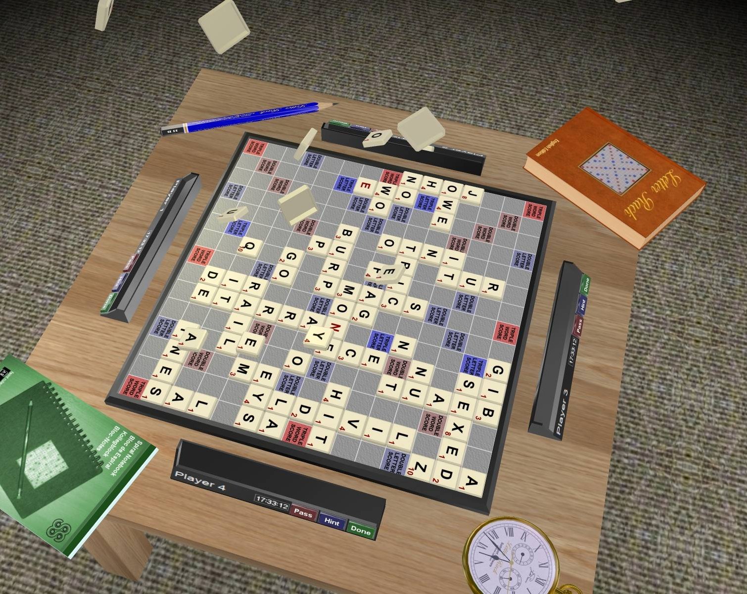 Letter Rack 3D: a word-tile game in progress on a wooden table, with a pencil, notebook, dictionary and pocket watch