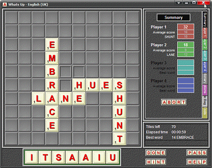 Whats Up playing the English (UK) dictionary: a crossword-style board with the words EMBRACE, LANE, HUES and SHUNT, a summary panel with each player's score, and the player's rack of tiles along the bottom