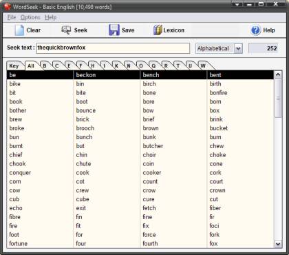 WordSeek: a seek-text box above a four-column list of matching words